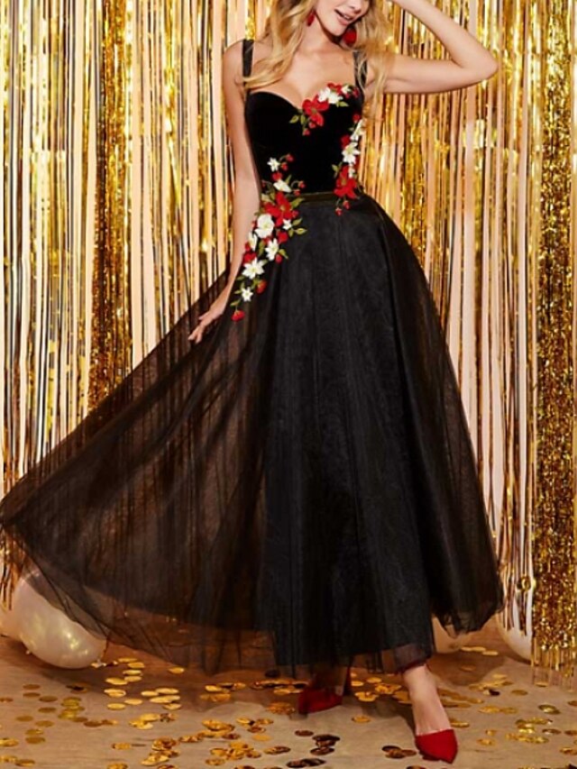  A-Line Prom Dresses Elegant Dress Prom Ankle Length Sleeveless Spaghetti Strap Tulle with Pleats Appliques 2022 / Formal Evening