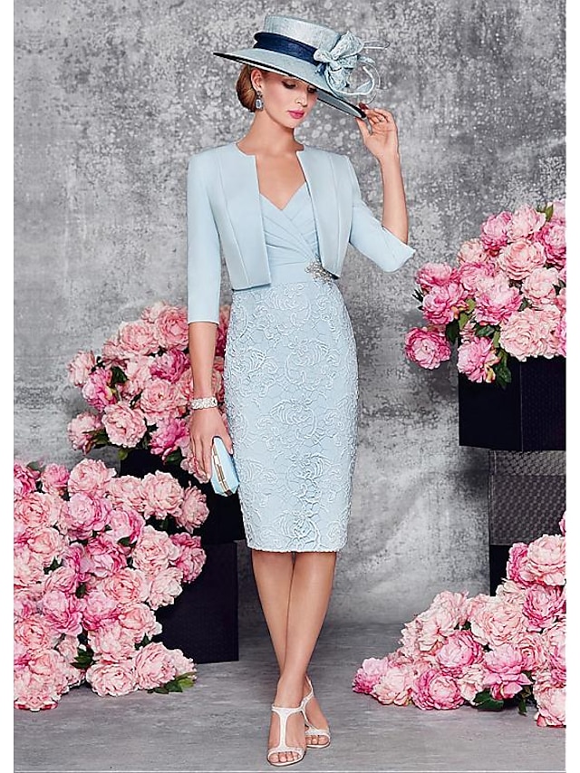  Two Piece Sheath / Column Mother of the Bride Dress Wedding Guest Church Plunging Neck Knee Length Satin Lace Half Sleeve Short Jacket Dresses with Lace Split Front Crystal Brooch 2024