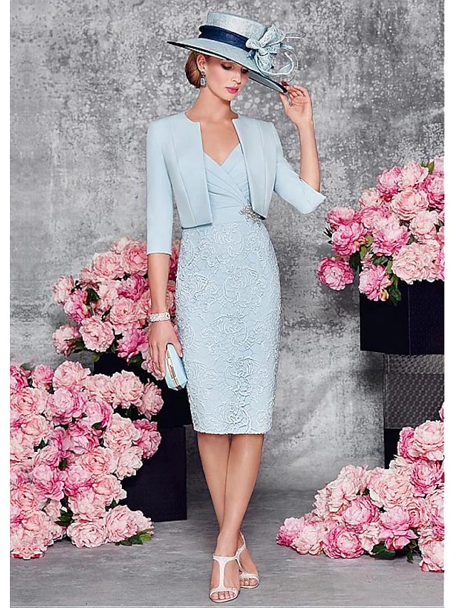 Two Piece Sheath Mother of the Bride Dress Wedding Guest Church Plunging Satin Lace Half Sleeve Short Jacket Dresses with Lace Split Front Crystal Brooch Race Day Dress 5
