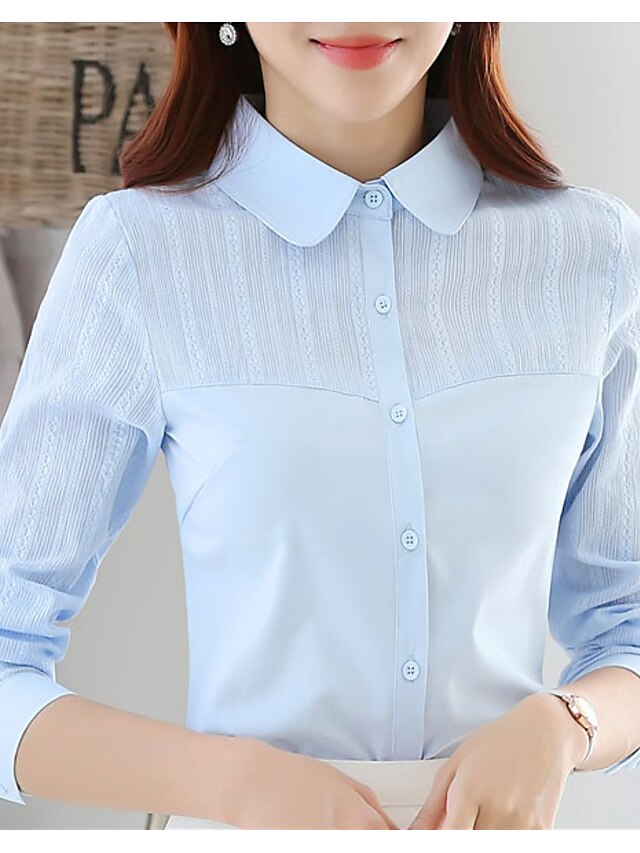  Women's Shirt Solid Colored Shirt Collar Daily Weekend Lace Long Sleeve Tops Light Blue