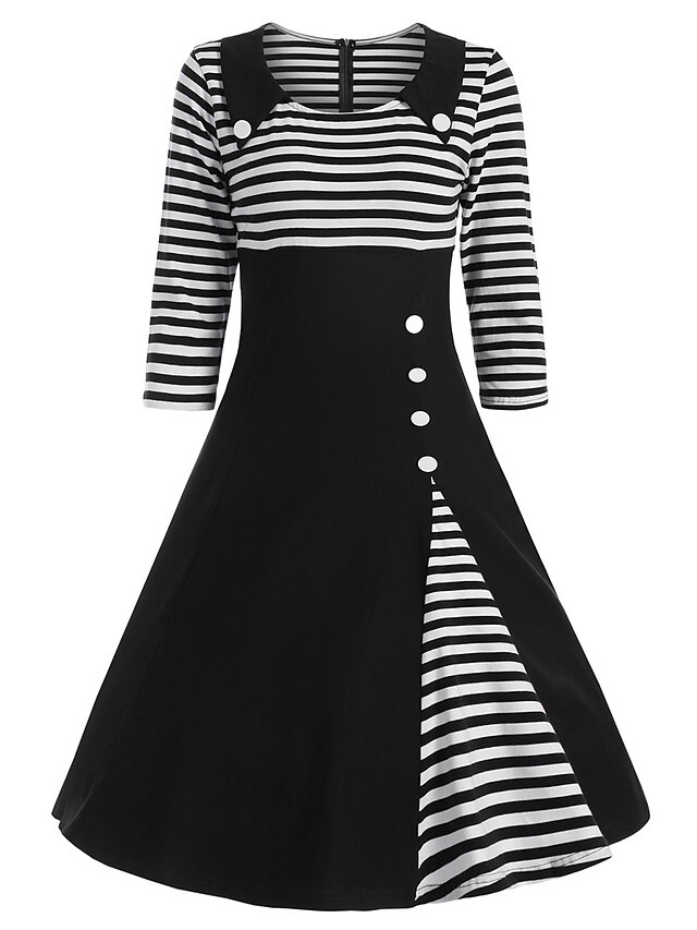 Women's A Line Dress - 3/4 Length Sleeve Striped Patchwork Peter Pan ...
