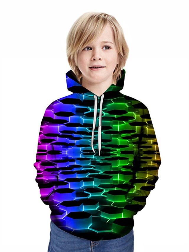  Barn Pojkar Aktiv Streetchic Geometrisk Lappverk Tryck Långärmad Huvtröja och sweatshirt Regnbåge