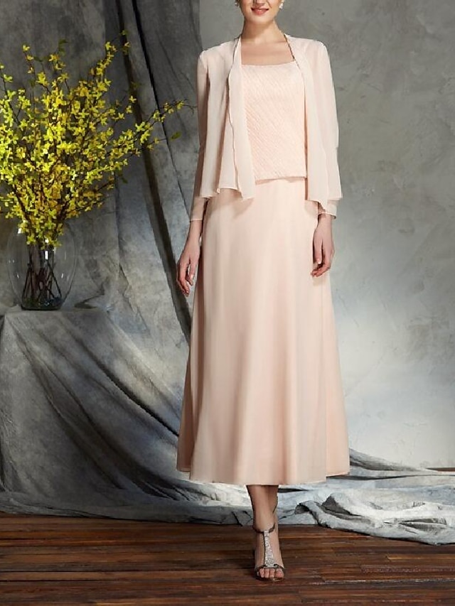  A-Line Mother of the Bride Dress Spaghetti Strap Tea Length Chiffon 3/4 Length Sleeve Wrap Included with Ruching 2023