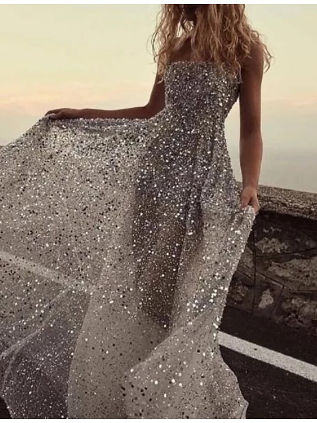  A-Line Sparkle & Shine Prom Dress Strapless Sleeveless Floor Length Tulle Sequined with Pleats Sequin 2021
