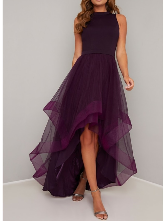 ALine Elegant Prom Dress Jewel Neck Sleeveless Asymmetrical Tulle