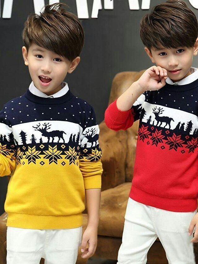  Kids Boys' Basic Print Christmas Long Sleeve Sweater & Cardigan Red