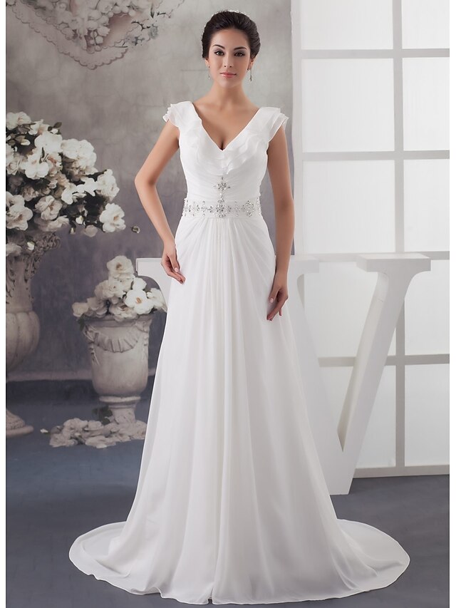  Wedding Dresses A-Line V Neck Spaghetti Strap Court Train Chiffon Bridal Gowns With Ruched Beading 2024