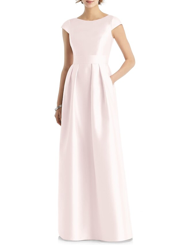  A-Line Bridesmaid Dress Jewel Neck Short Sleeve Elegant Floor Length Satin with Sash / Ribbon / Pleats 2022