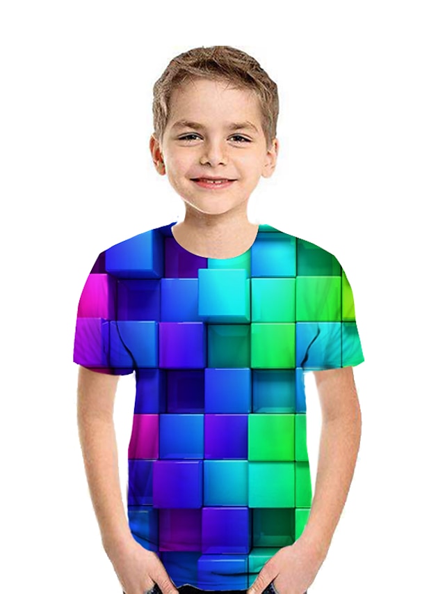  Kids Boys' Active Streetwear Geometric 3D Patchwork Print Short Sleeve Tee Rainbow