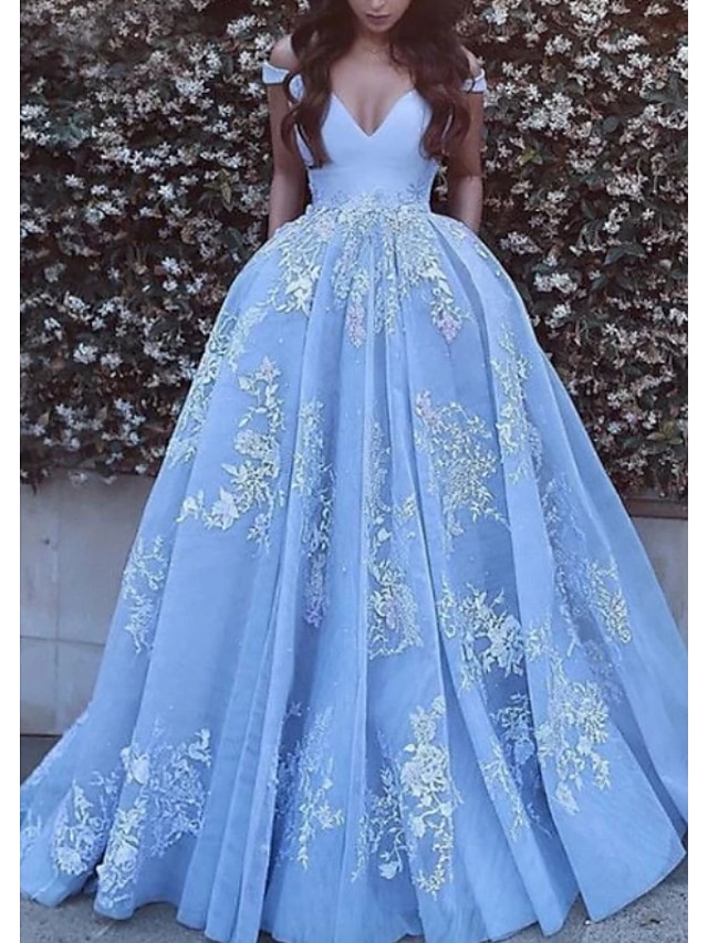  Ball Gown Prom Dresses Luxurious Dress Quinceanera Chapel Train Short Sleeve Off Shoulder Tulle with Pleats Appliques 2022 / Formal Evening