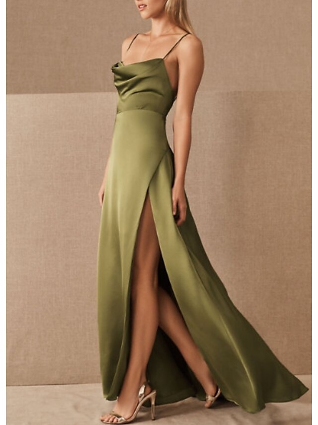  A-Line Spaghetti Strap Floor Length Satin Bridesmaid Dress with Split Front / Ruching / Open Back