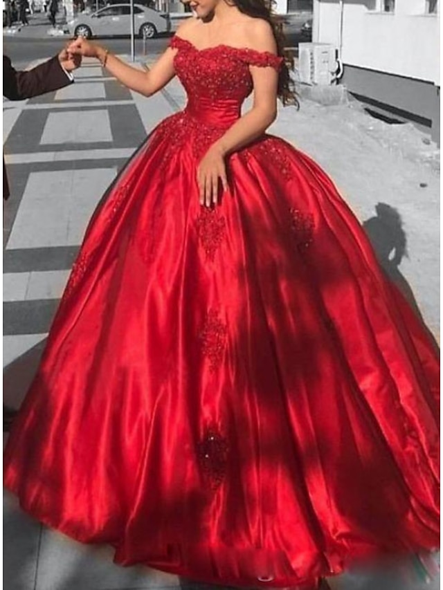  Ball Gown Evening Gown Luxurious Dress Valentine's Day Quinceanera Chapel Train Short Sleeve Off Shoulder Satin with Appliques 2024