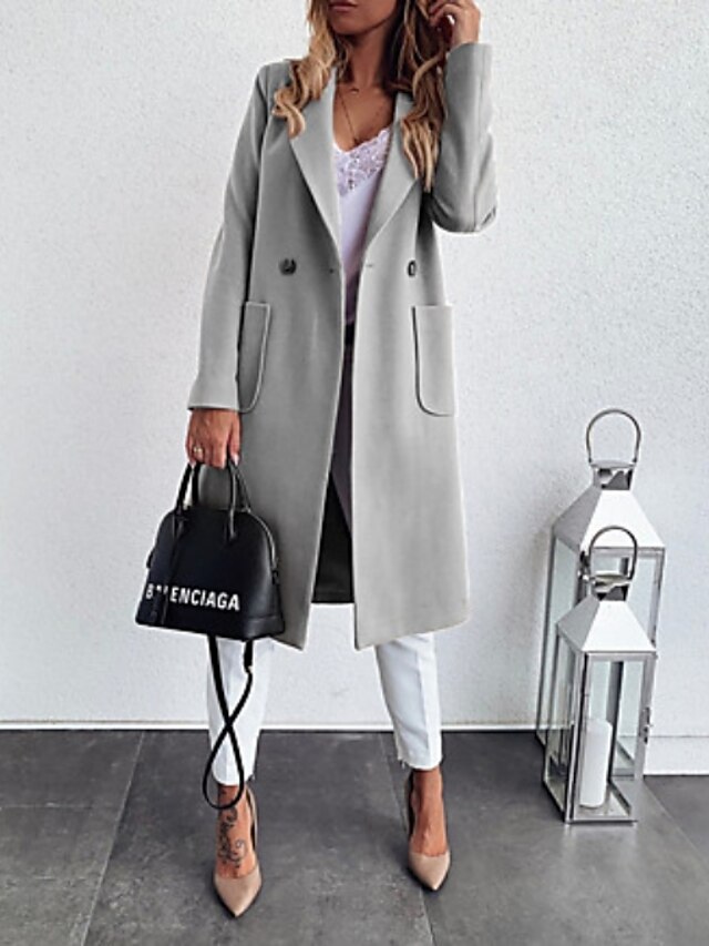  Women's Coat Street Daily Holiday Winter Fall Spring Long Coat Regular Fit Windproof Warm Casual Jacket Long Sleeve Solid Color Black Khaki Gray