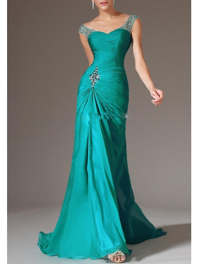  שמלת ערב שמלת ערב פתוחה שמלה אדומה ירוקה שמלת חתונה אורחת לטאטא / רכבת מברשת ללא שרוולים שיפון צוואר צוואר עם חרוזים מרופטים 2024