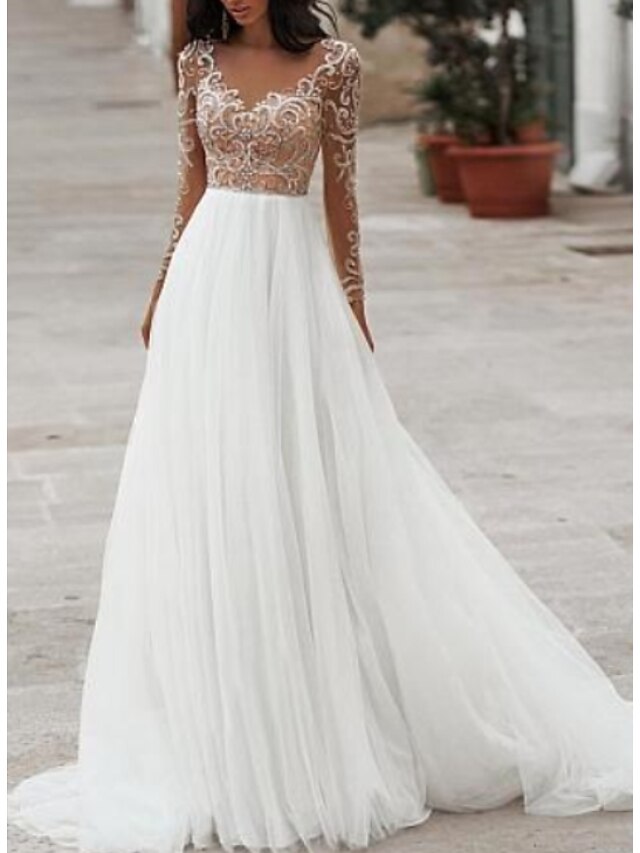  A-Line Wedding Dresses V Neck Floor Length Tulle Long Sleeve Romantic Beach Boho See-Through Illusion Sleeve with Beading Embroidery 2021