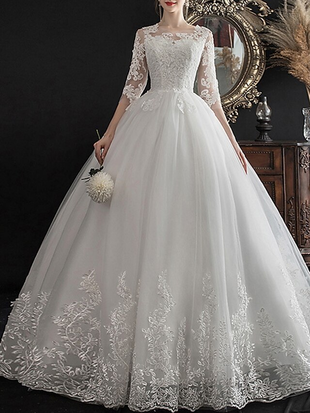 A-Line Wedding Dresses Jewel Neck Sweep / Brush Train Lace Half Sleeve ...