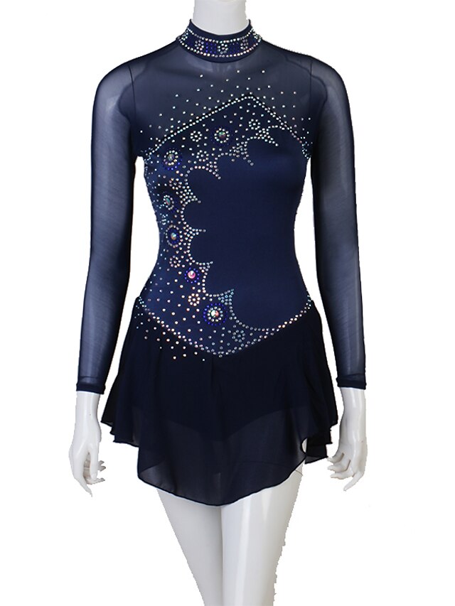 Sports & Outdoors Ice Skating | Figure Skating Dress Womens Girls Ice Skating Dress Outfits Dark Navy Patchwork Mesh Spandex Hig