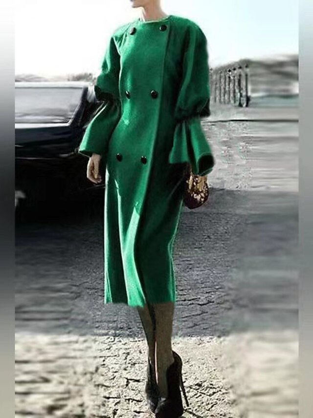  Γυναικεία Παλτό Καθημερινά Μακρύ Παλτό Κανονικό Σακάκια Μακρυμάνικο Πράσινο του τριφυλλιού / Στρογγυλή Λαιμόκοψη