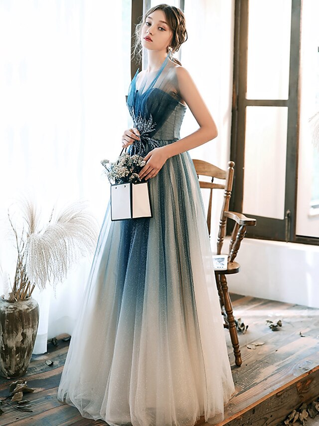  A-Line Elegant Turquoise / Teal Prom Formal Evening Dress Strapless Sleeveless Floor Length Tulle with Beading Appliques 2020