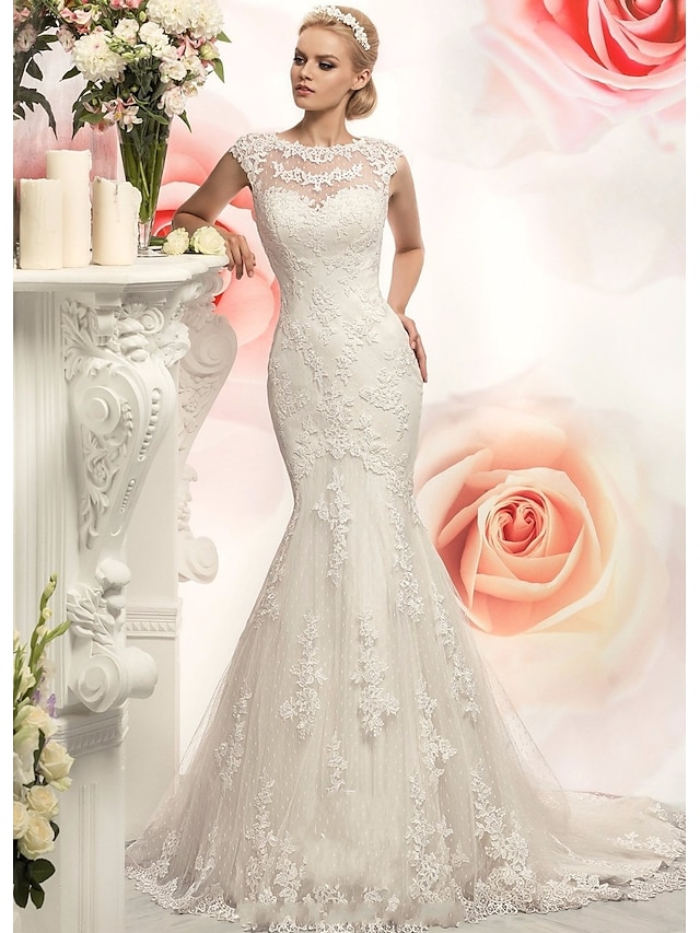  Mermaid / Trumpet Wedding Dresses Jewel Neck Court Train Lace Tulle Cap Sleeve with Appliques 2022