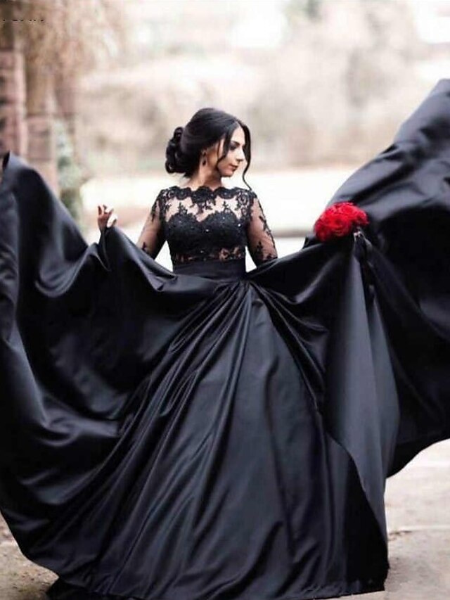 Engagement Gothic Wedding Dresses A-Line Illusion Neck Long Sleeve ...