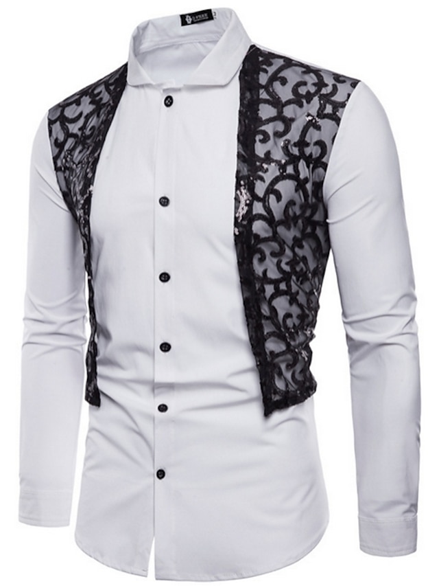 Men's Shirt Color Block Shirt Collar Daily Long Sleeve Tops White Black ...