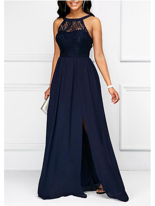  A-Line Prom Dresses Elegant Dress Wedding Guest Floor Length Sleeveless Halter Chiffon with Pleats Split Front 2023