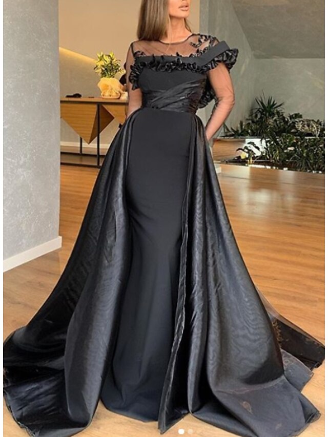 A-Line Evening Gown Elegant Dress Engagement Sweep / Brush Train Short Sleeve Jewel Neck Satin with Ruffles 2023