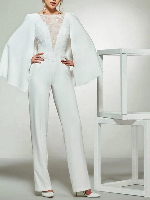  Wedding Dresses Jumpsuits Bateau Neck Long Sleeve Floor Length Satin Bridal Gowns With Lace Insert 2024