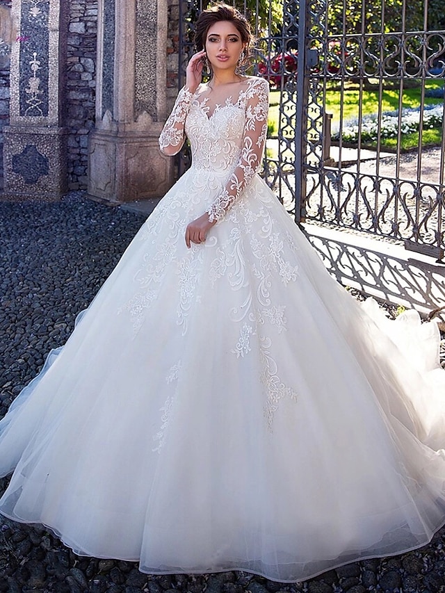 Engagement Formal Wedding Dresses Ball Gown Illusion Neck Long Sleeve ...