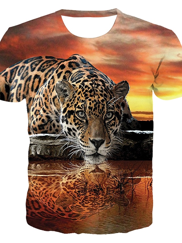  leopardmönstrad t-shirt herr grafisk t-shirt djur 3d rund hals orange plus size daglig klubb kortärmade kläder kläder grundläggande överdriven ledig födelsedag brun bomull