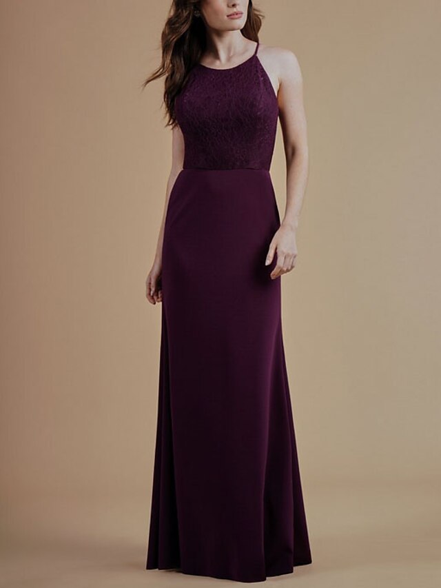  Sheath / Column Bridesmaid Dress Halter Neck Sleeveless Elegant Floor Length Lace / Satin with Lace 2021