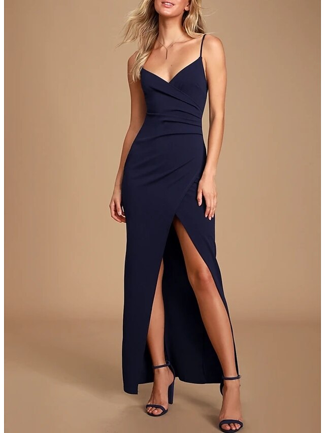  Sheath / Column Elegant Wedding Guest Prom Formal Evening Dress Spaghetti Strap Sleeveless Ankle Length Jersey with Slit 2022