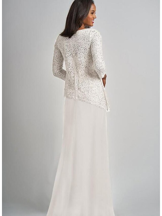 3/4 Sleeves Lace Top Bateau Neck Floor-length Dress Terracotta
