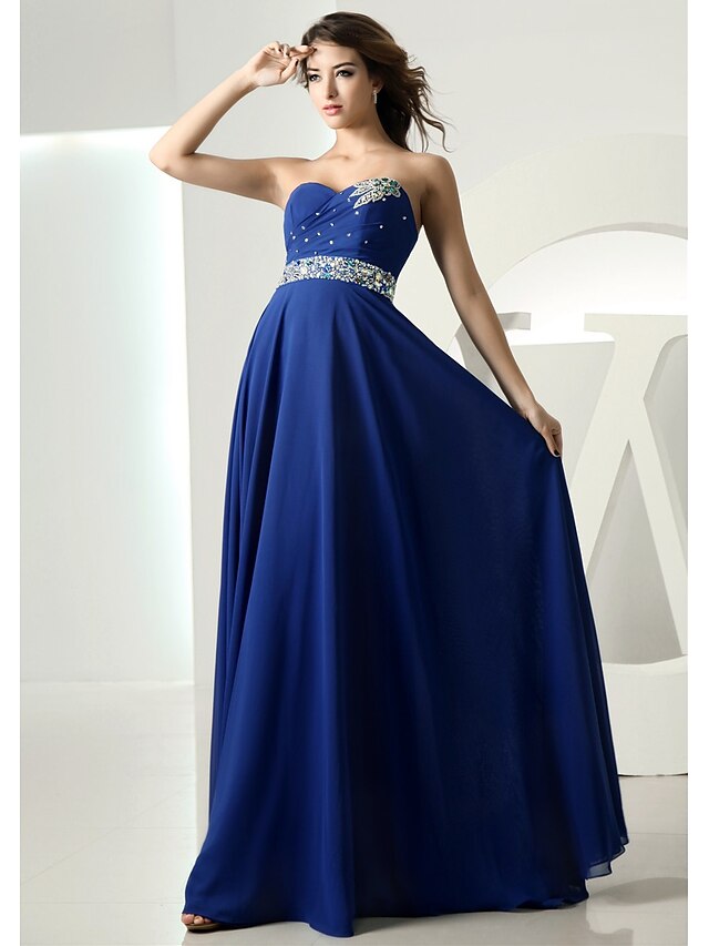 A-Line Evening Gown Empire Dress Wedding Guest Formal Evening Floor Length Sleeveless Sweetheart Chiffon with Crystals 2024