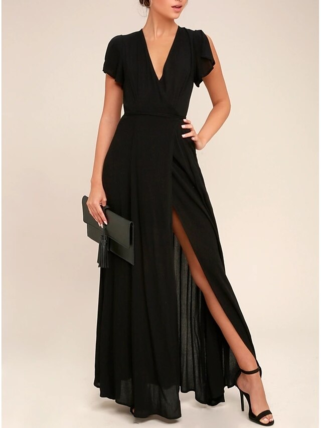  A-Line Little Black Dress Engagement Formal Evening Dress V Neck Short Sleeve Ankle Length Chiffon with Pleats Slit 2022