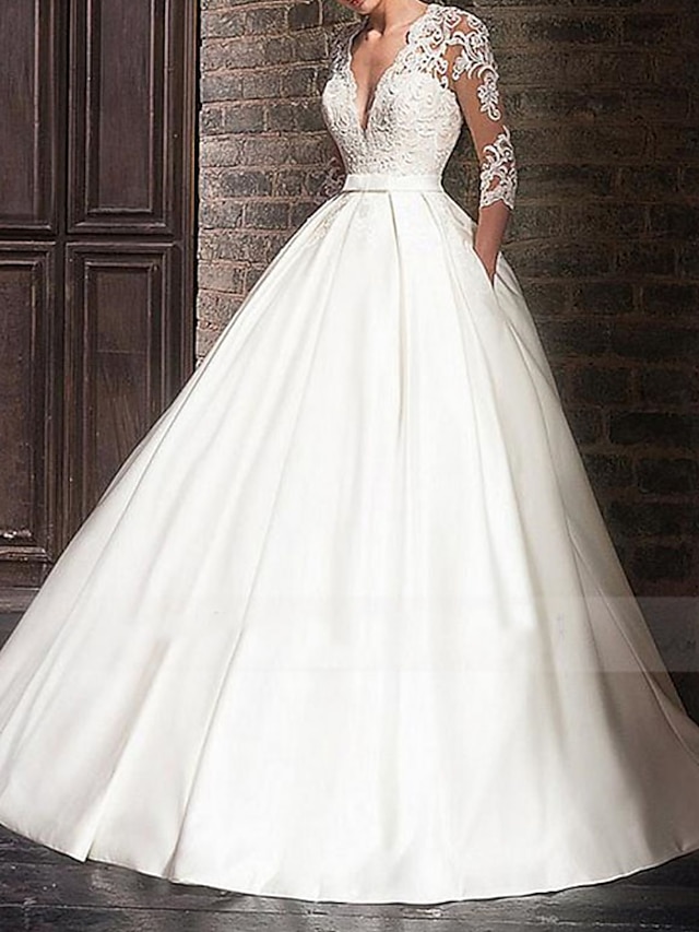  אירוסין רשמי שמלות חתונה נשף צווארון V שרוול 4\3 עד הריצפה סאטן שמלות כלה עם אפליקציות 2024