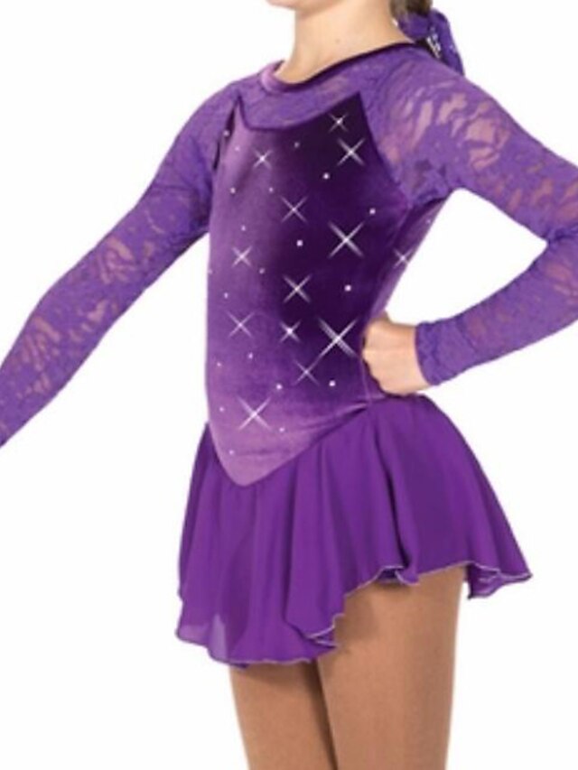 Sports & Outdoors Ice Skating | Figure Skating Dress Womens Girls Ice Skating Dress Outfits Purple Patchwork Spandex High Elasti