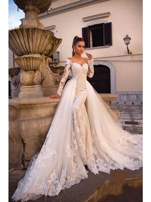  Ball Gown Mermaid / Trumpet Wedding Dresses Sweetheart Neckline Court Train Lace Tulle Lace Over Satin Long Sleeve Sexy Plus Size Modern Detachable with Appliques 2022