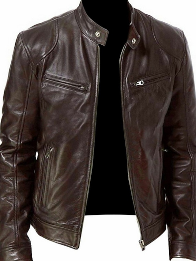  Men's Faux Leather Jacket Regular EU / US Size Coat Black Khaki Brown Daily Fall & Winter Stand Collar Regular Fit XS S M L XL 2XL / Long Sleeve