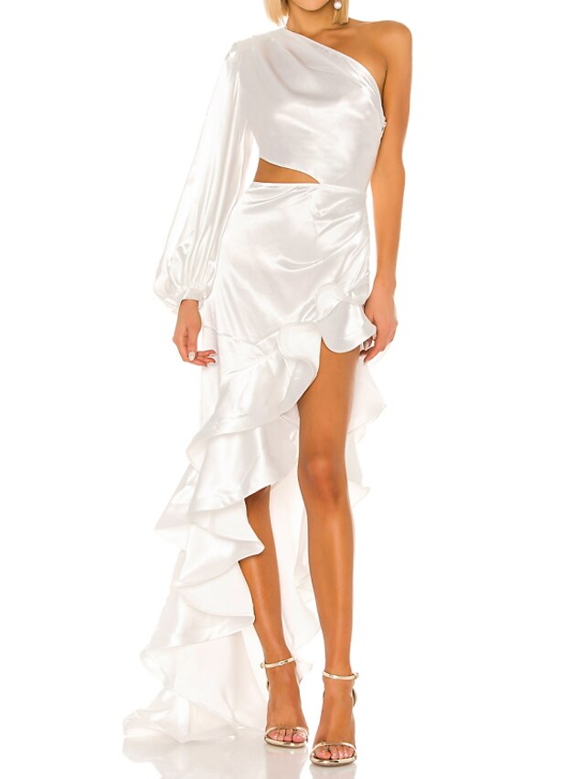  Möhippa Liten vit klänning Bröllopsklänningar Asymmetrisk Sjöjungfru / trumpet Långärmad Enaxlad Polyester Med Veckad Fallande volanger 2023 Brudklänningar