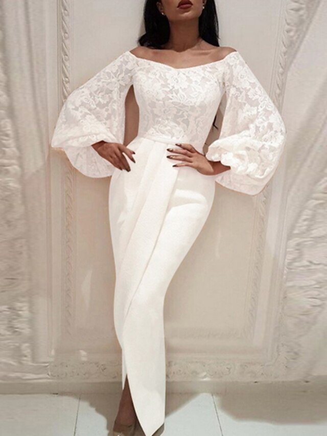  Γυναικεία Φόρεμα σε ευθεία γραμμή Μακρύ φόρεμα Λευκό Μακρυμάνικο Μονόχρωμο Ώμοι Έξω Λεπτό Τ M L XL XXL