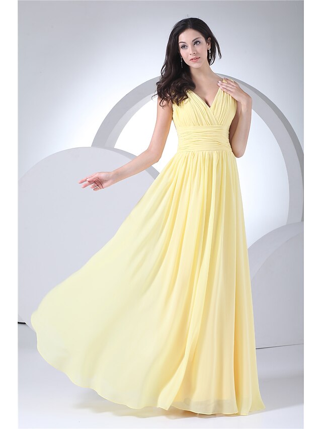  A-Line Evening Gown Elegant Dress Formal Evening Floor Length Sleeveless V Neck Chiffon with Ruched 2024