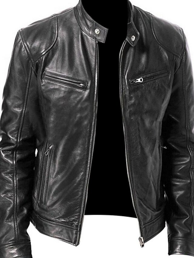 Mens Clothing Mens Outerwear | Mens Faux Leather Jacket Daily Fall & Winter Regular Coat Stand Collar Regular Fit Jacket Long Sl