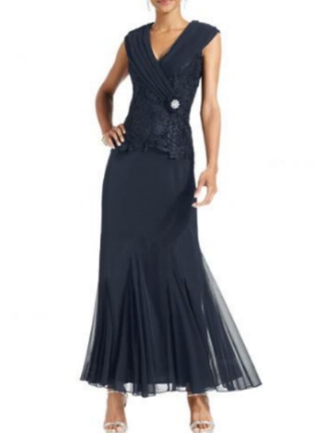  Sheath / Column Mother of the Bride Dress Elegant V Neck Ankle Length Chiffon Lace Sleeveless No with Ruching 2024