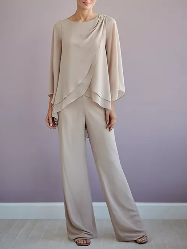  חליפת מכנסיים שמלה לאם הכלה  אלגנטית עם תכשיטים עד הריצפה שיפון שרוול ארוך עם קפלים מדורגים 2023