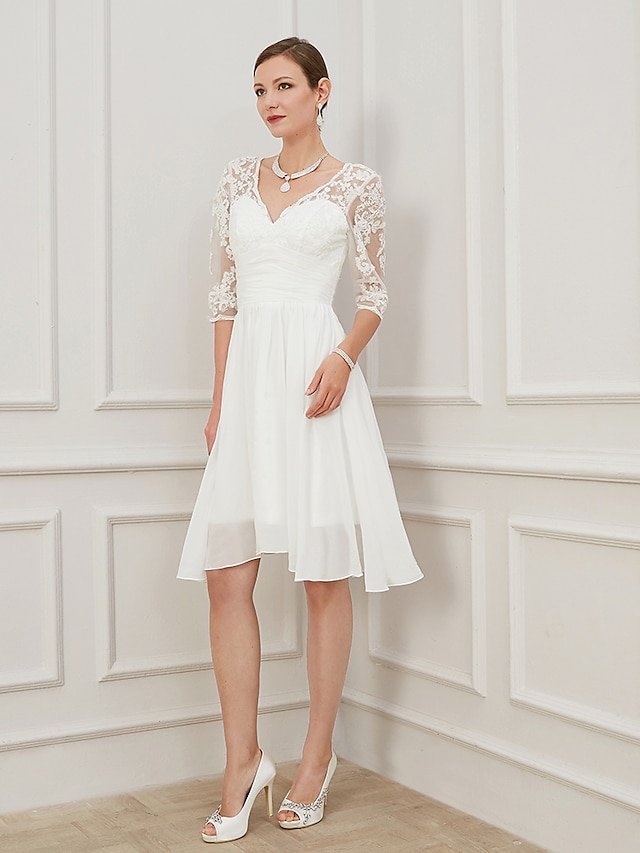  Δεξίωση Μικρά Άσπρα Φορέματα Φορεματα για γαμο Γραμμή Α Λαιμόκοψη V Μισό μανίκι Μέχρι το γόνατο Σιφόν Νυφικά φορέματα Με Που καλύπτει Διακοσμητικά Επιράμματα 2024