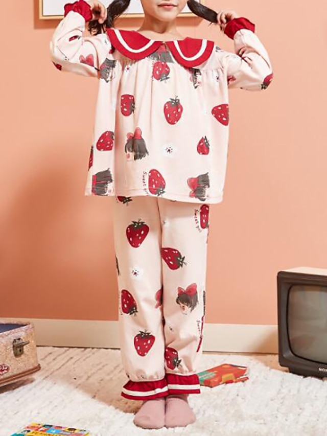  Niños Bebé Chica Año Nuevo Pijama 2 Piezas Rosa Bloque de color Geométrico Fruta Con monograma Elegante Plisado Algodón Activo Básico / Volante