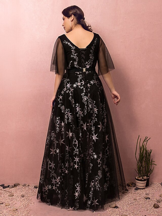 Short Sleeve Maxi Polyester A - Line Plus Size Prom Dress crm22sel0950-b