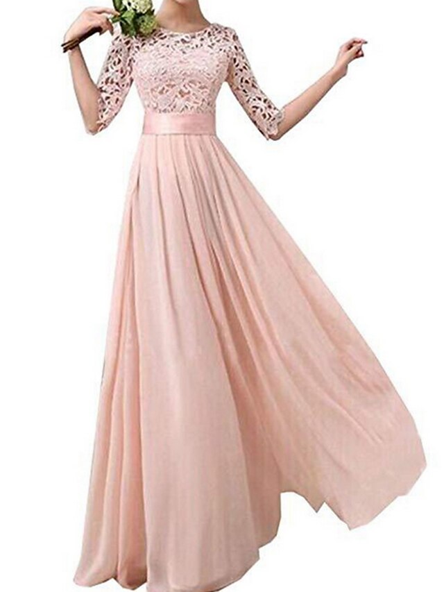  A-Line Bridesmaid Dress Jewel Neck Half Sleeve Elegant Floor Length Lace with Appliques 2021